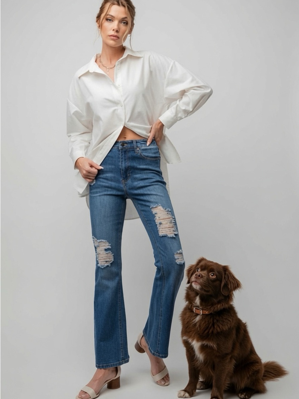 Mid-Rise Distressed Blue Flare Jeans